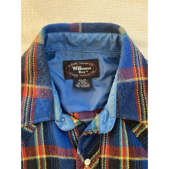 Vintage William's Bay Men's Flannel Shirt Blue Yellow, Red, Pearl Snap Large - Picture 10 of 15
